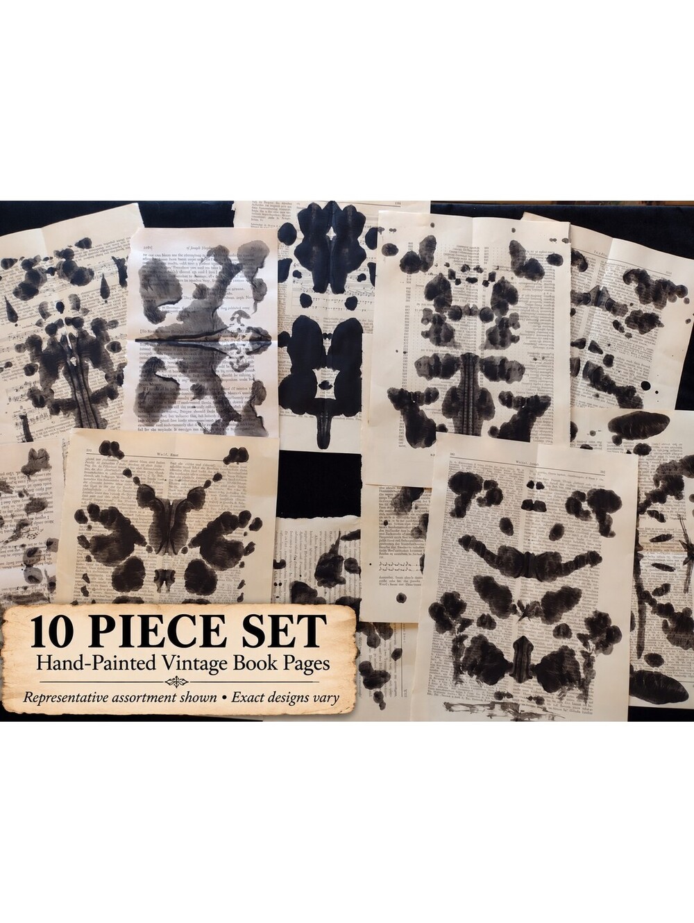 Rorschach Inspired Inkblot Hand Painted Vintage Book Pages 10 Pc Gothic Ephemera